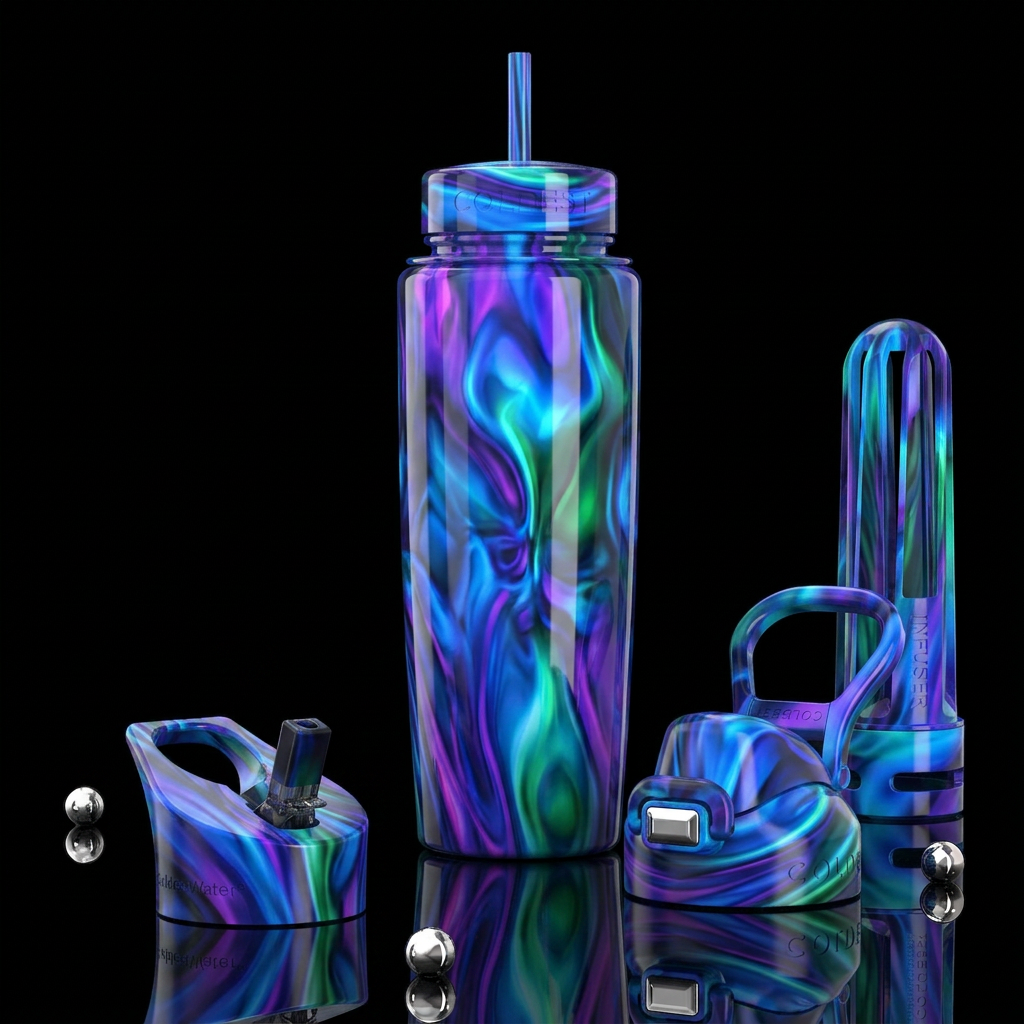 Blue purple green rush, glossy, trompe-l'œil ,beau... water bottle design