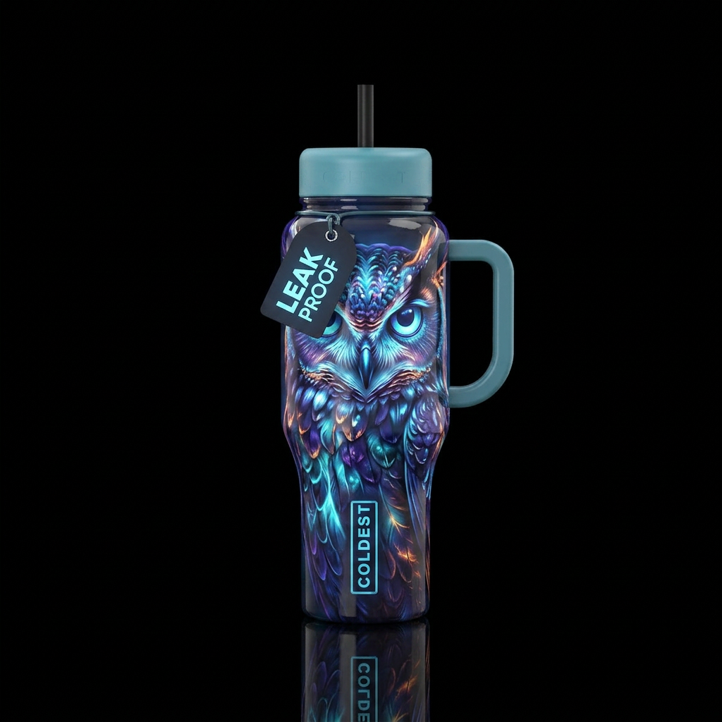 Guardian owl, glossy, trompe-l'œil, mysterious, gl... water bottle design