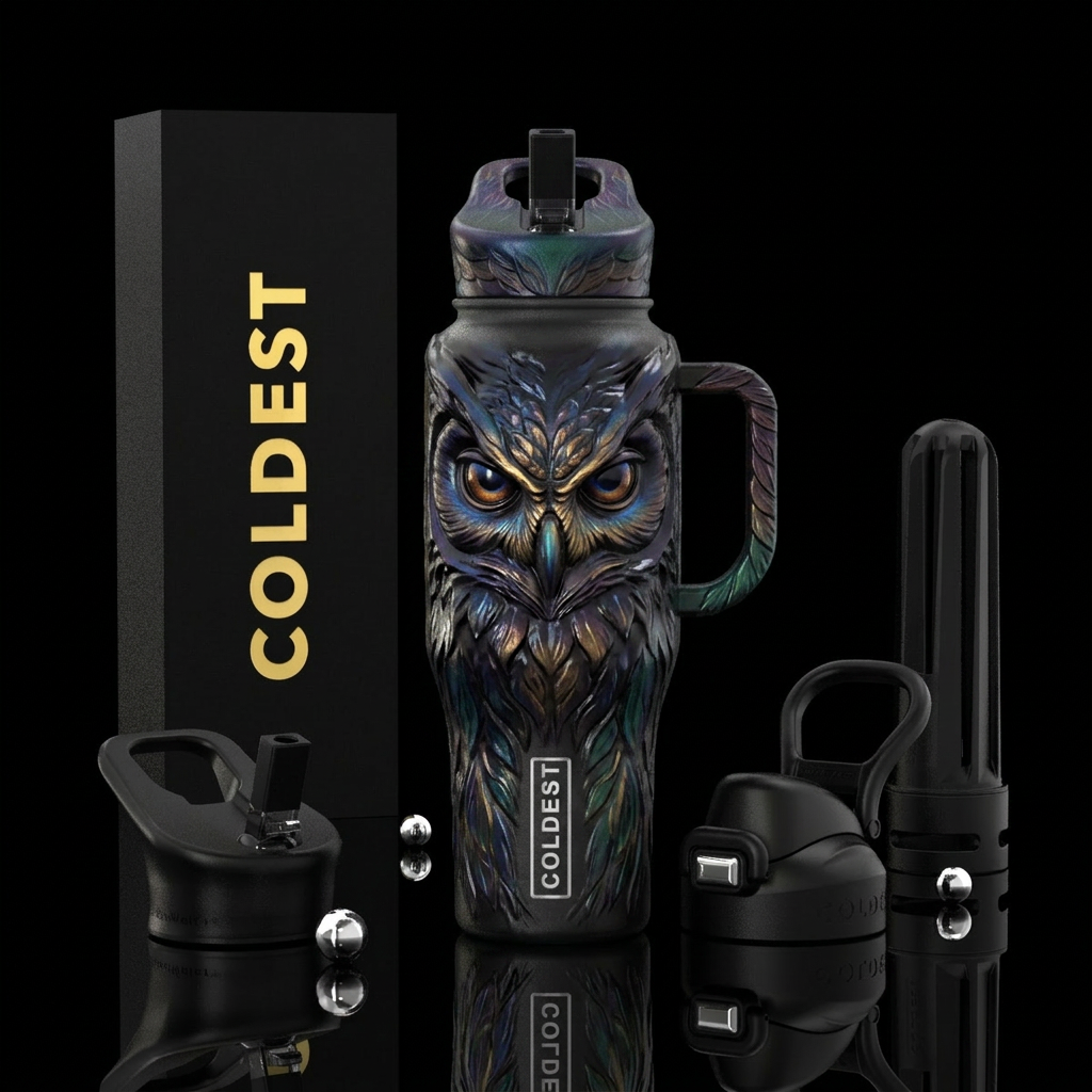Guardian owl, glossy, trompe-l'œil, mysterious, gl... water bottle design