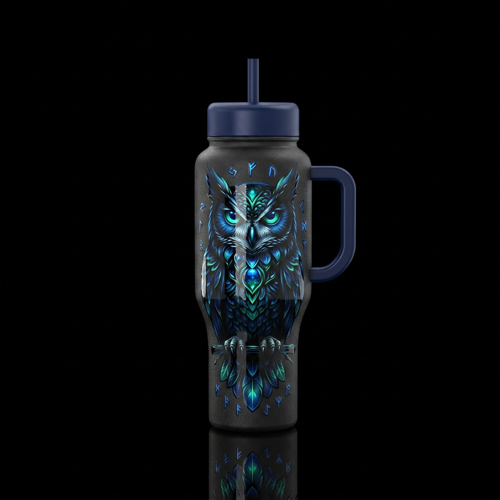 Guardian owl, glossy, trompe-l'œil, mysterious, gl... water bottle design
