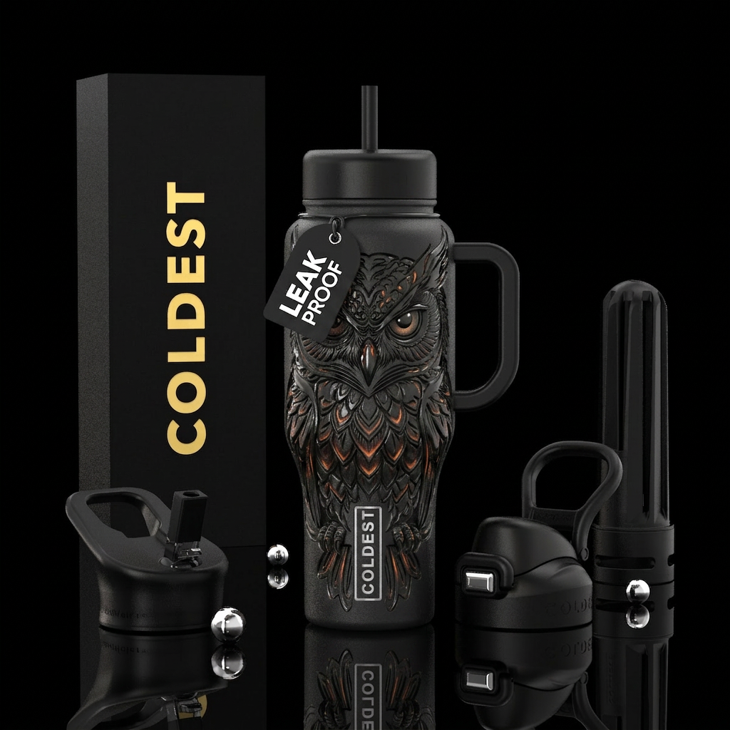 Guardian owl, glossy, trompe-l'œil, , glowie, real... water bottle design