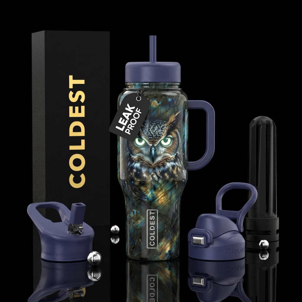 Guardian owl, glossy, trompe-l'œil, , glowie, real... water bottle design