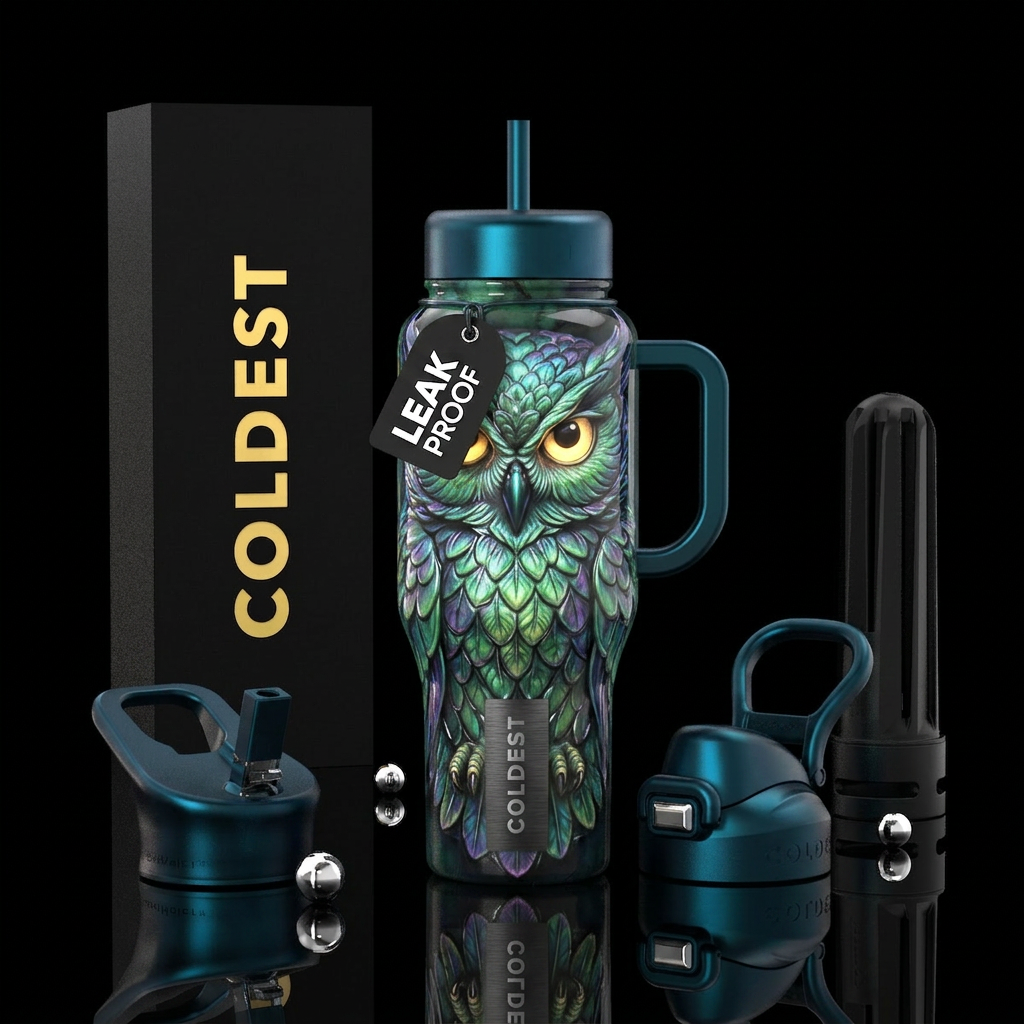 Guardian owl, glossy, trompe-l'œil, , glowie, real... water bottle design