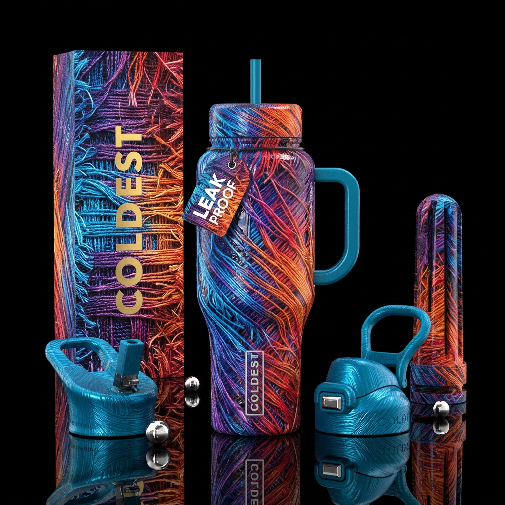 Frayed, glossy, trompe-l'œil water bottle design