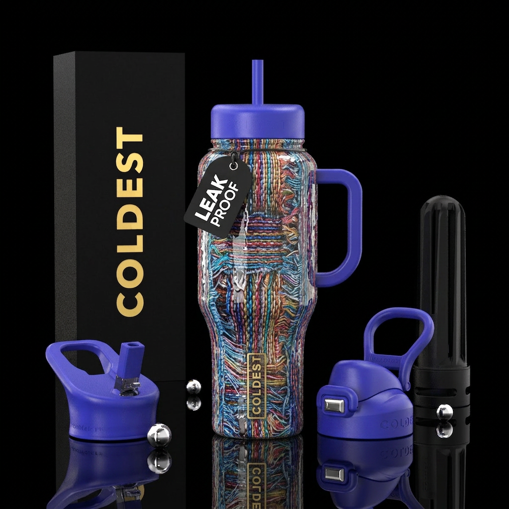Frayed, glossy, trompe-l'œil water bottle design