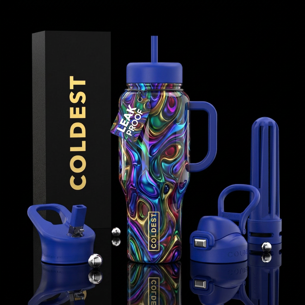 Spastic, beautiferous, glossy, trompe-l'œil water bottle design