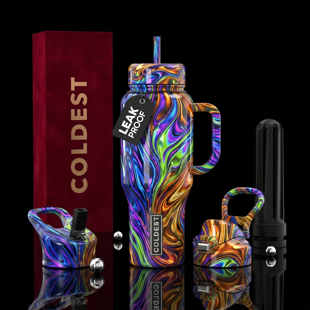 Spastic, beautiferous, glossy, trompe-l'œil water bottle design
