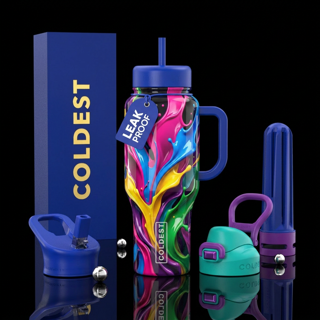 Spastic, beautiferous, glossy, trompe-l'œil water bottle design