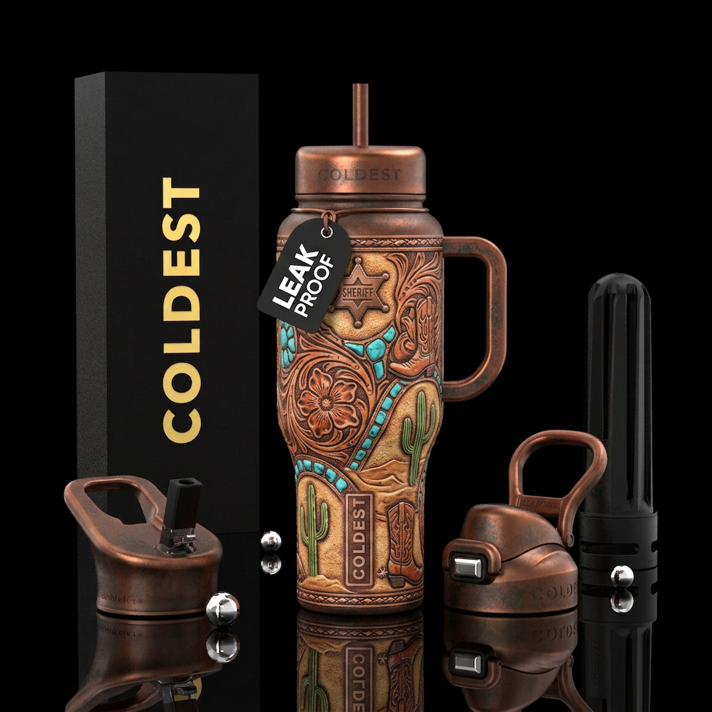 Beautiferous,western theme, glossy, trompe-l'œil water bottle design