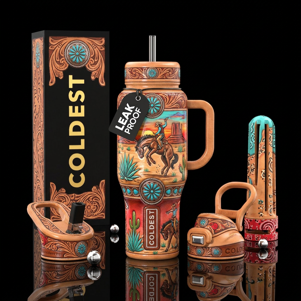Beautiferous,western theme, glossy, trompe-l'œil water bottle design