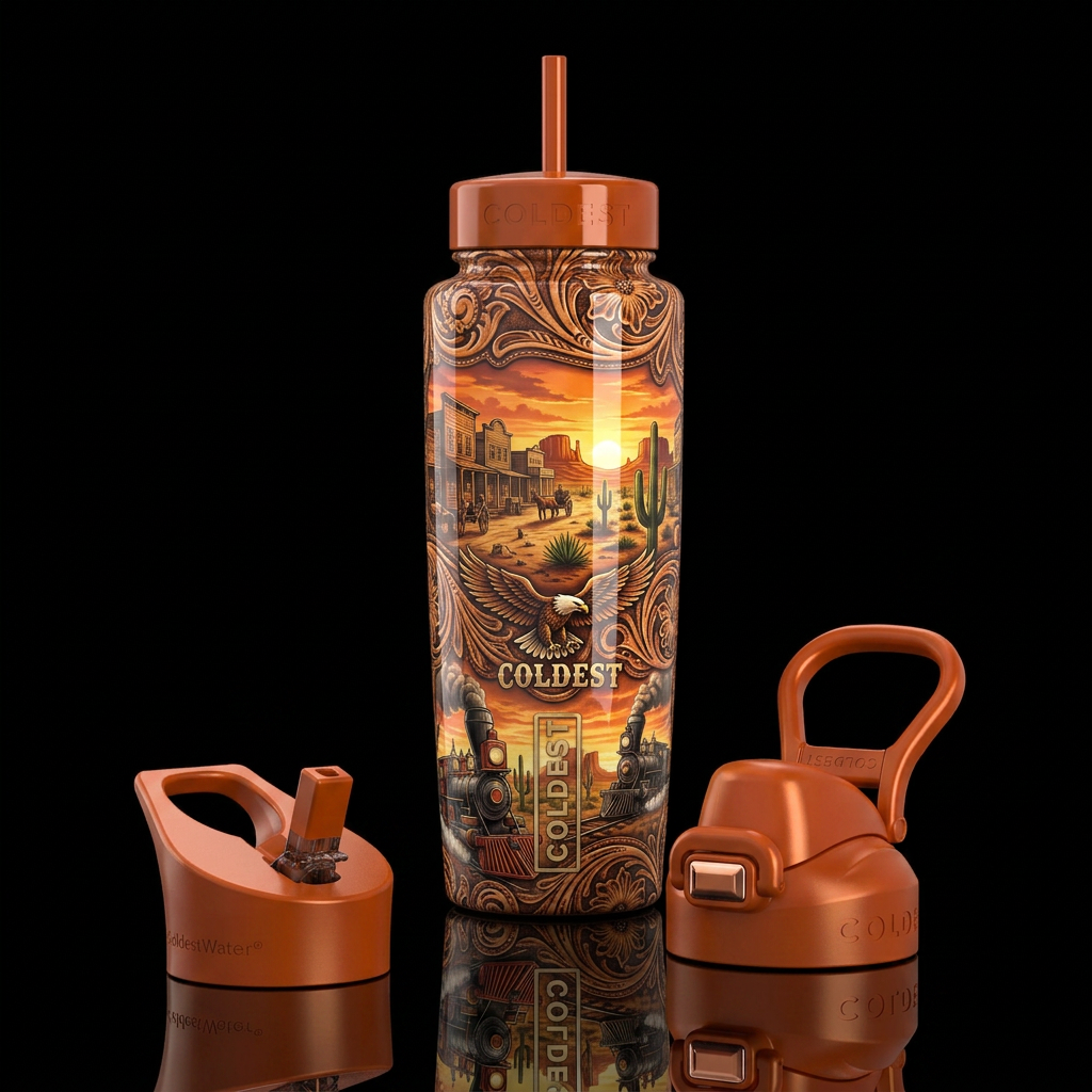 Beautiferous,western theme, glossy, trompe-l'œil, water bottle design