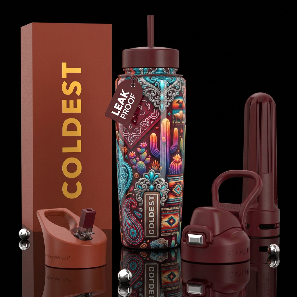 Beautiferous,western theme, glossy, trompe-l'œil, water bottle design
