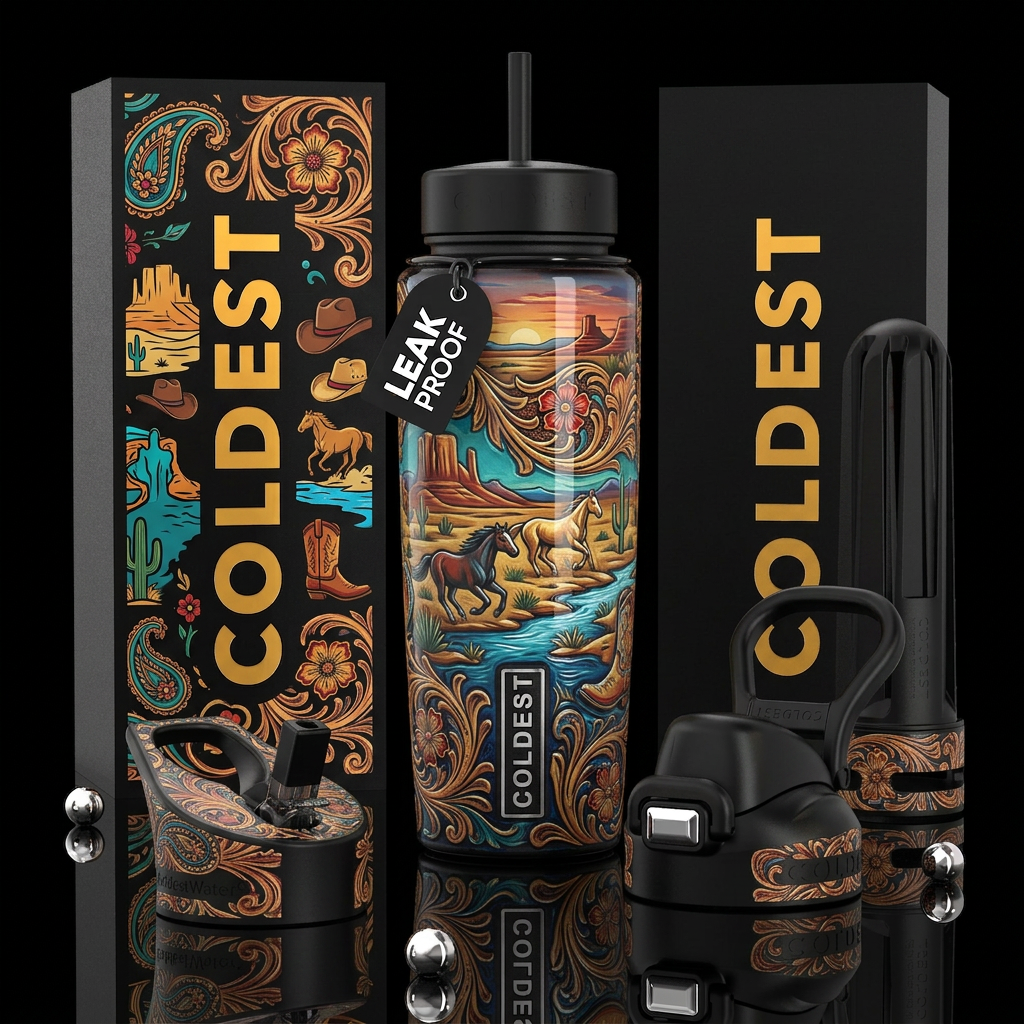 Beautiferous,western theme, glossy, trompe-l'œil, water bottle design