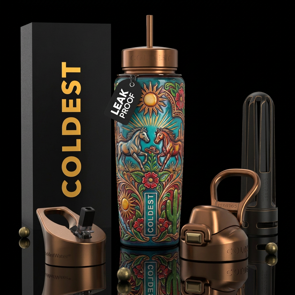 Beautiferous,western theme, glossy, trompe-l'œil, water bottle design