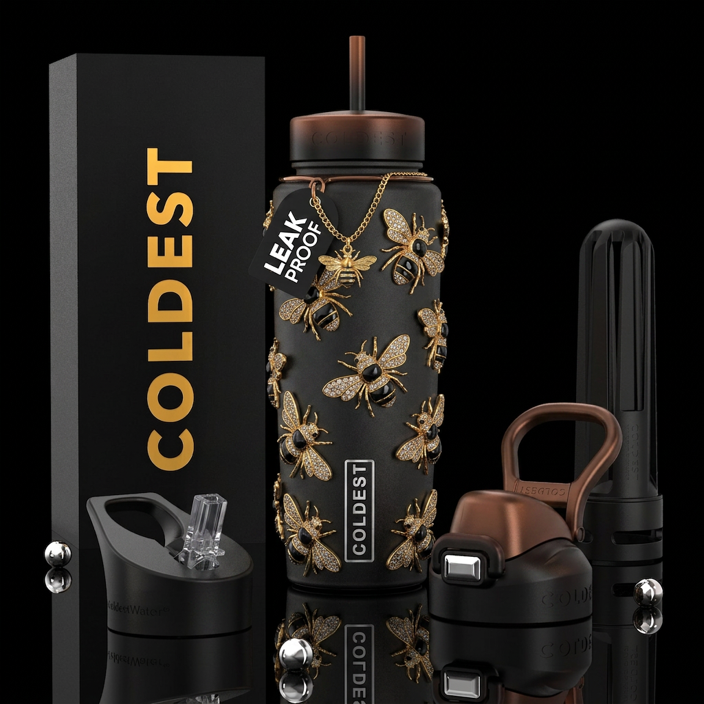 Beautiferous, black golden bumblebee, glossy, trom... water bottle design