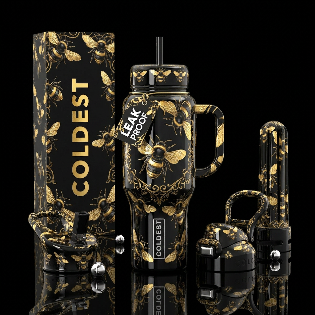 Beautiferous, black and gold bumblebee, glossy, tr... water bottle design