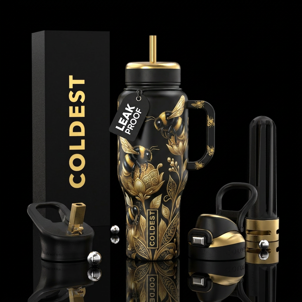 Beautiferous, black and gold bumblebee, glossy, tr... water bottle design