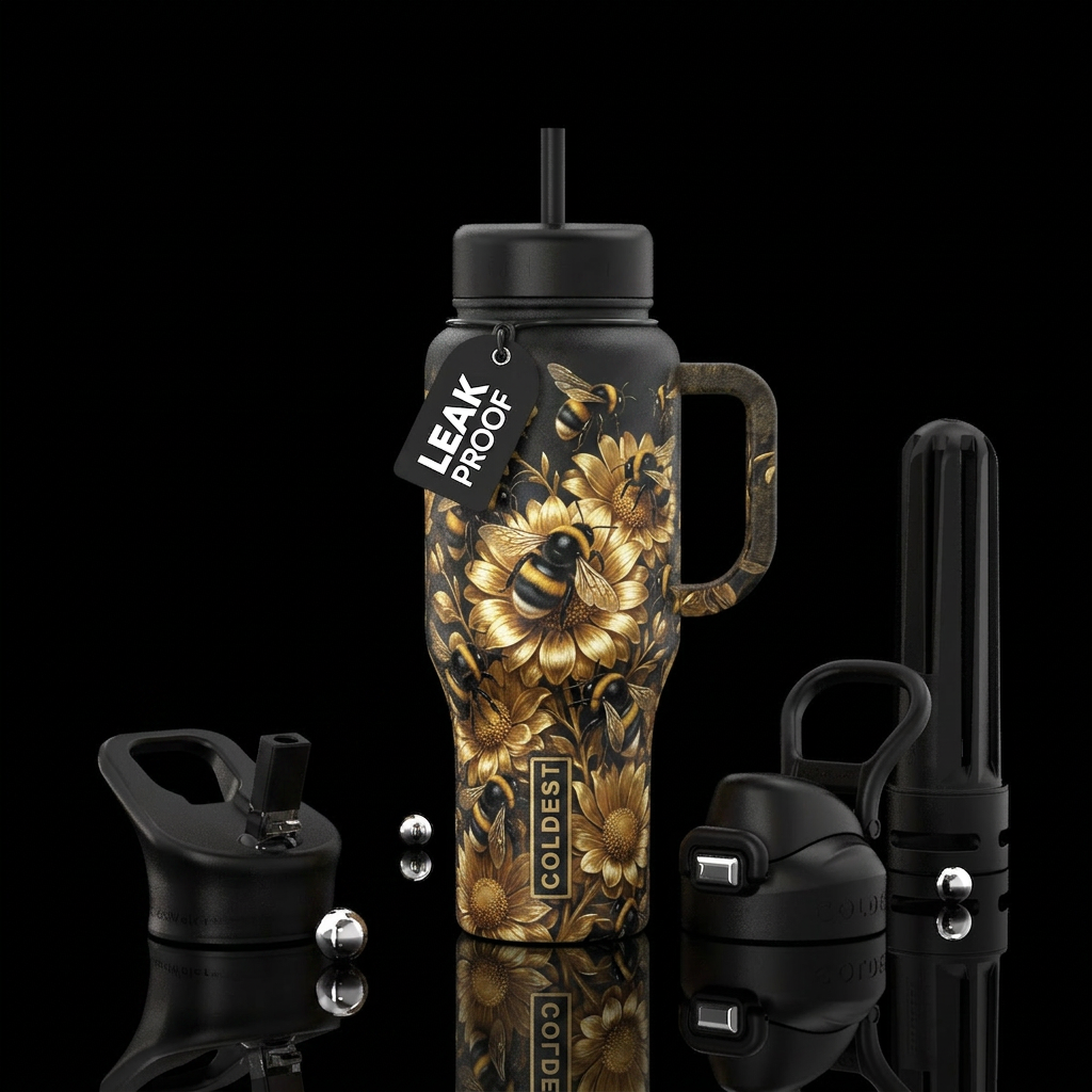 Beautiferous, black and gold bumblebee, glossy, tr... water bottle design
