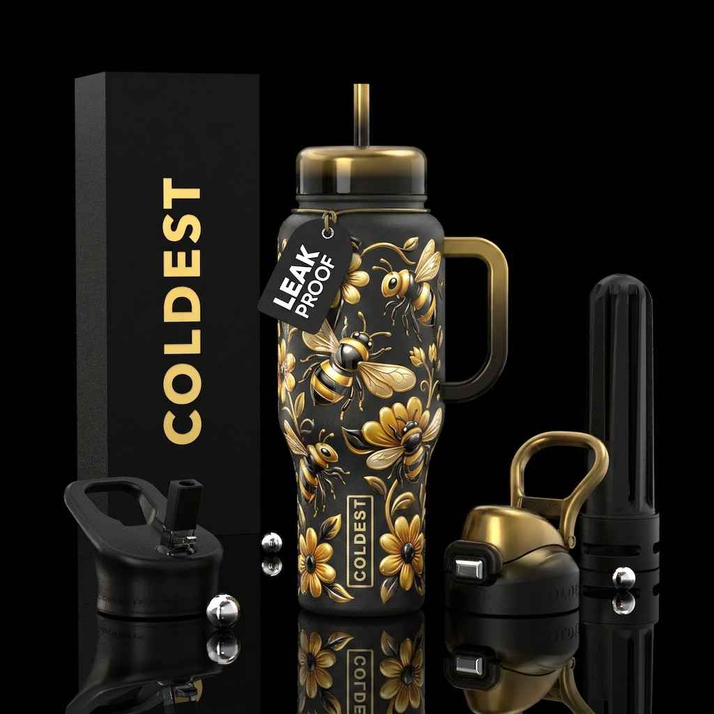 Beautiferous, black and gold bumblebee, glossy, tr... water bottle design