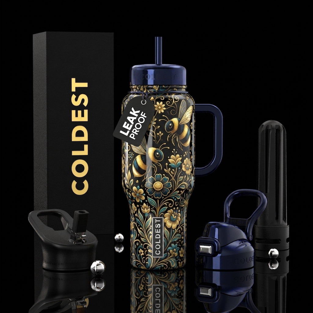 Beautiferous, black and gold bumblebee, glossy, tr... water bottle design