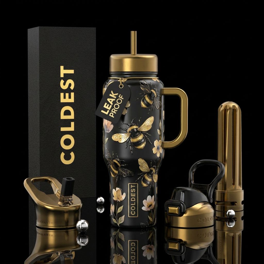 Beautiferous, black and gold bumblebee, glossy, tr... water bottle design