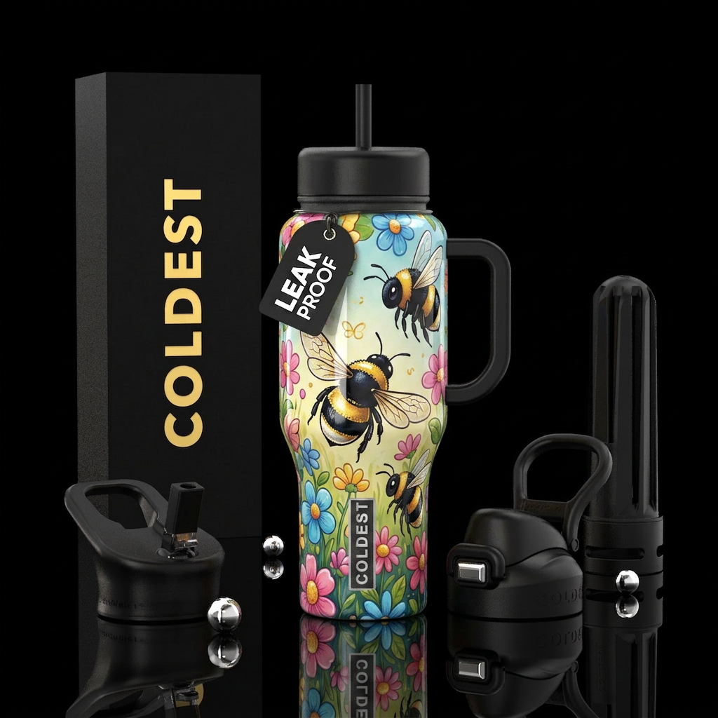 Beautiferous, black and gold bumblebee, glossy, tr... water bottle design