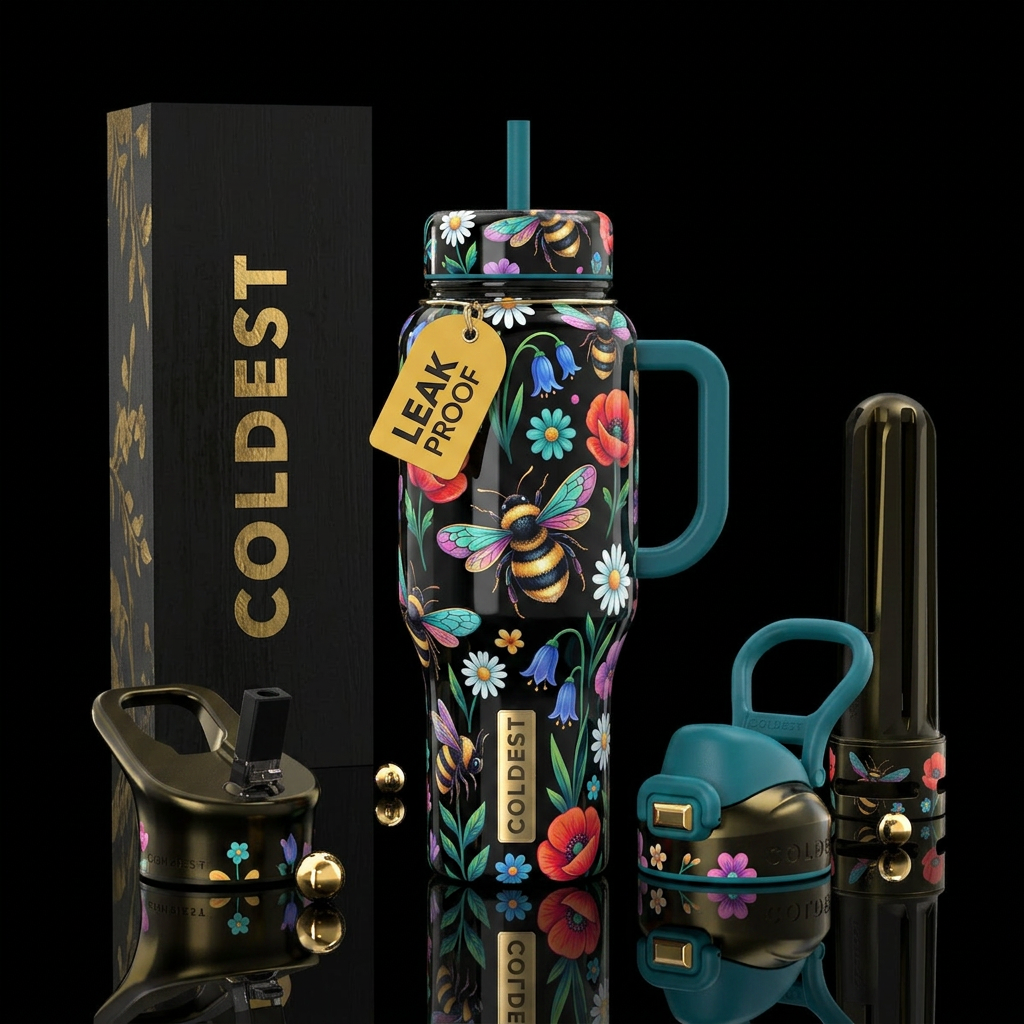 Beautiferous, black and gold bumblebee, glossy, tr... water bottle design