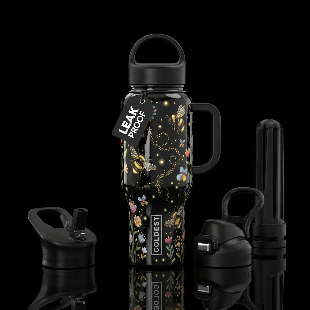 Beautiferous, black and gold bumblebee, glossy, tr... water bottle design