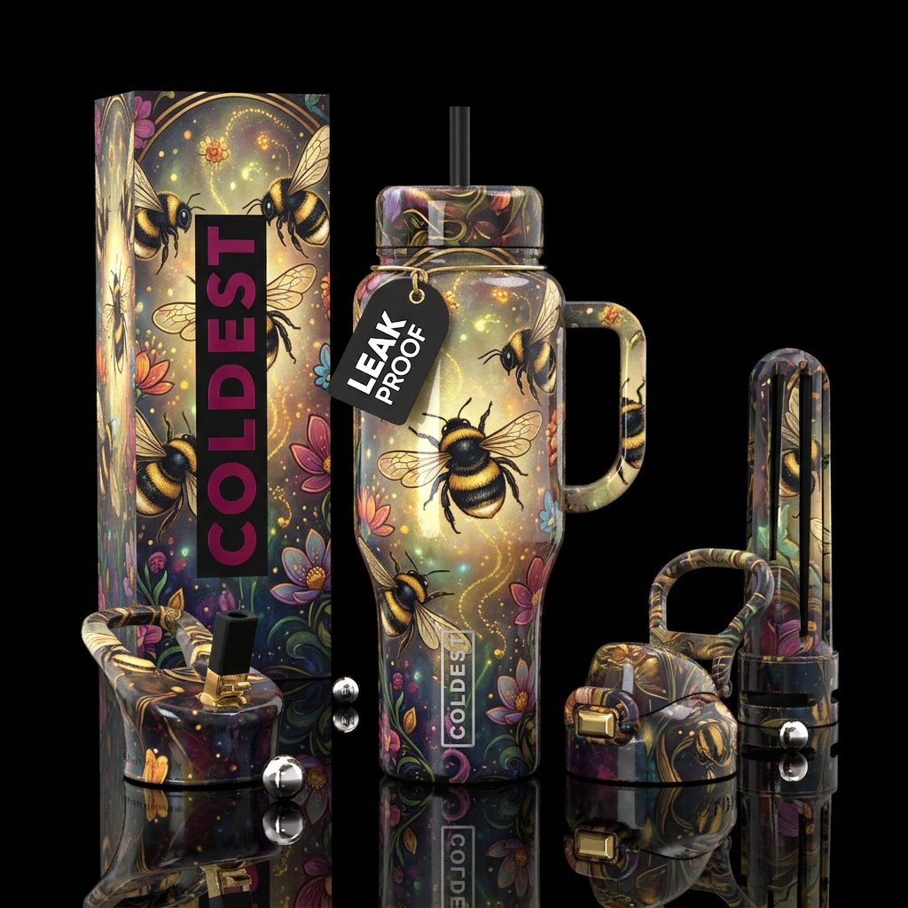 Beautiferous, black and gold bumblebee, glossy, tr... water bottle design