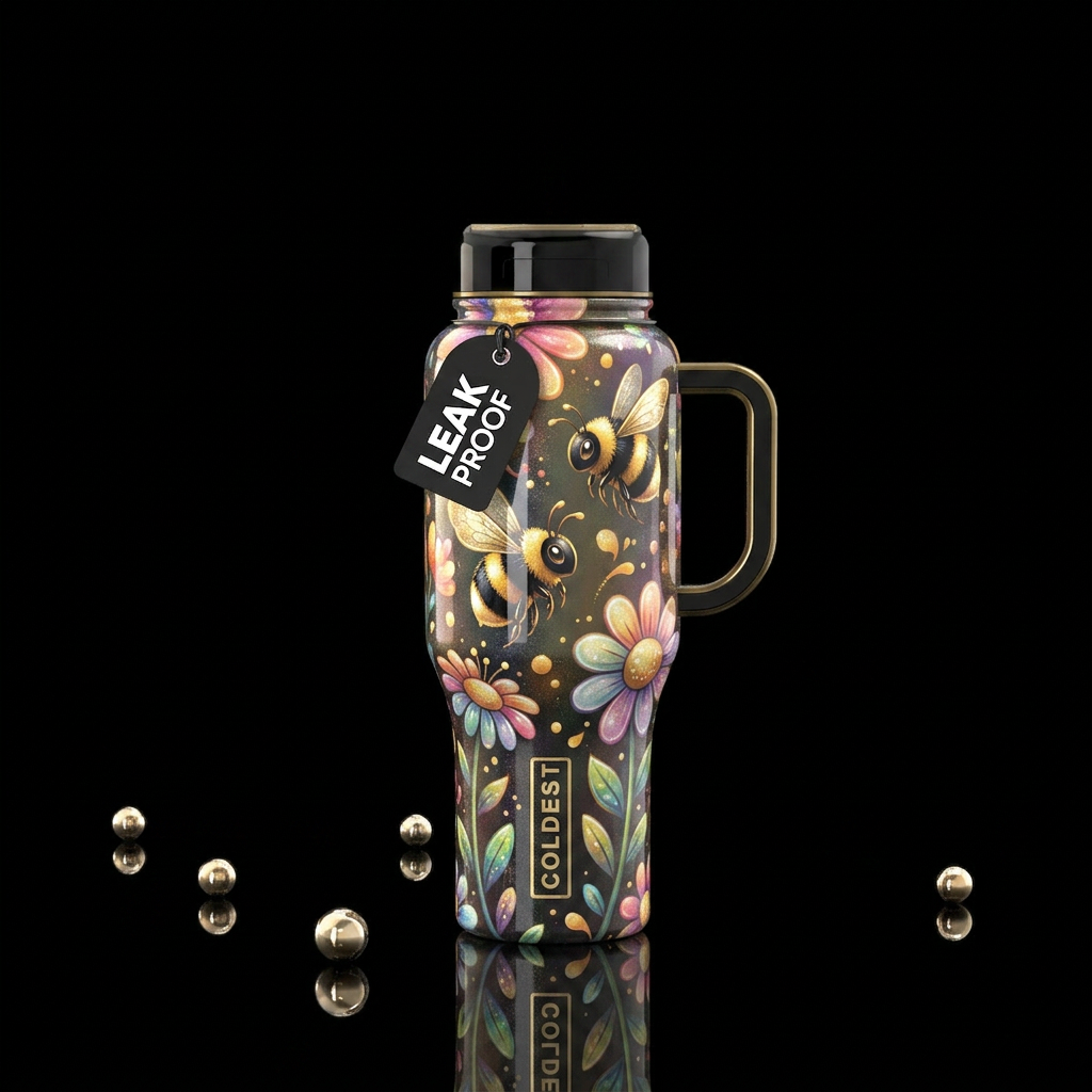 Beautiferous,cartoon black and gold bumblebee, glo... water bottle design