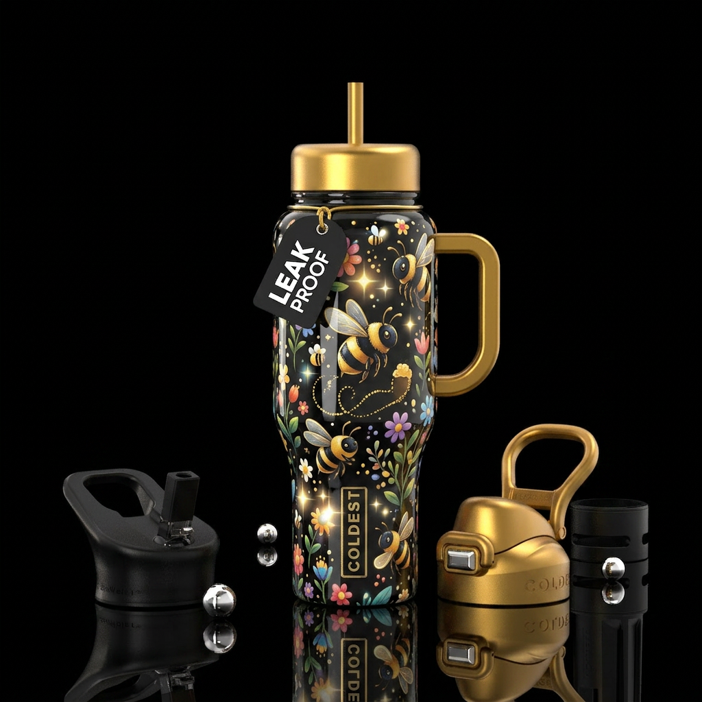 Beautiferous,cartoon black and gold bumblebee, glo... water bottle design