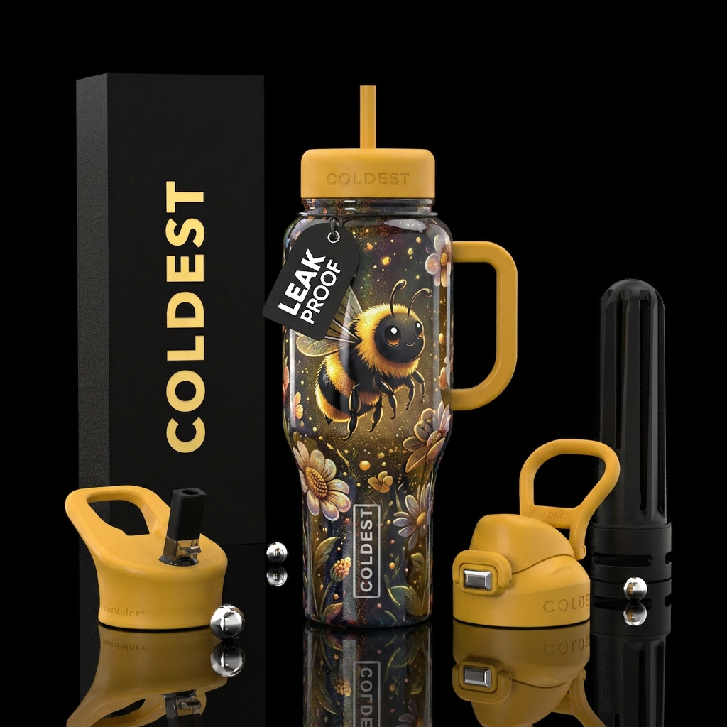 Beautiferous,cartoon black and gold bumblebee, glo... water bottle design