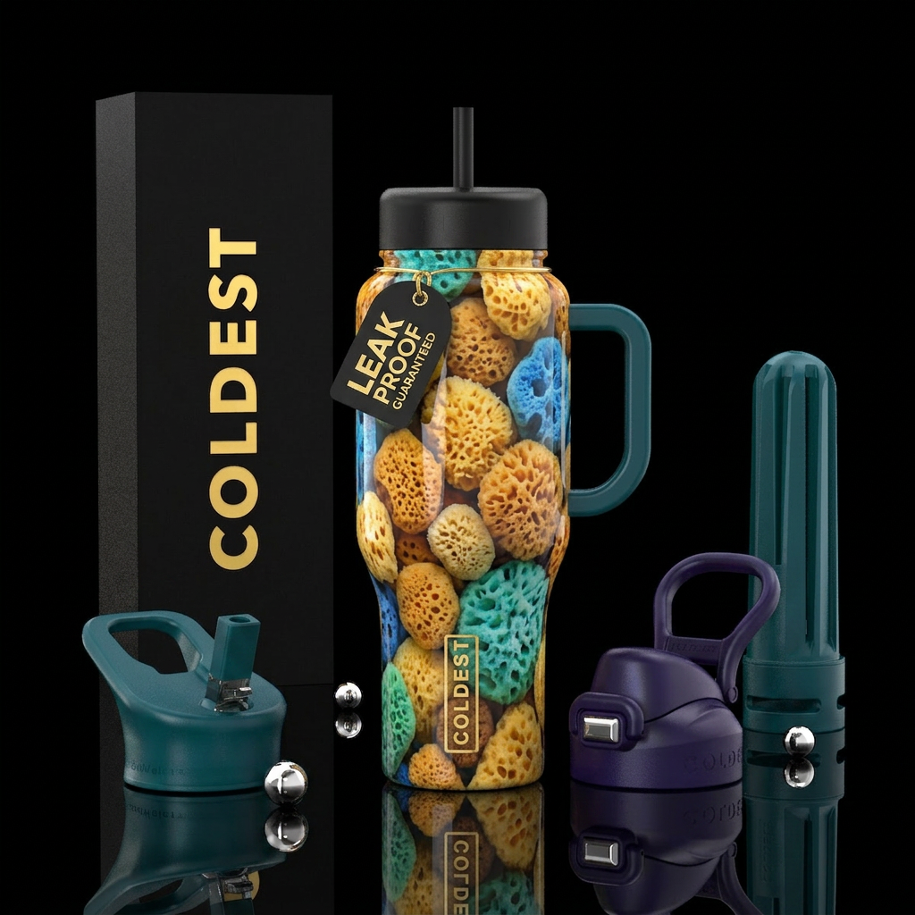 Sponges, beautiferous, glossy, trompe-l'œil water bottle design