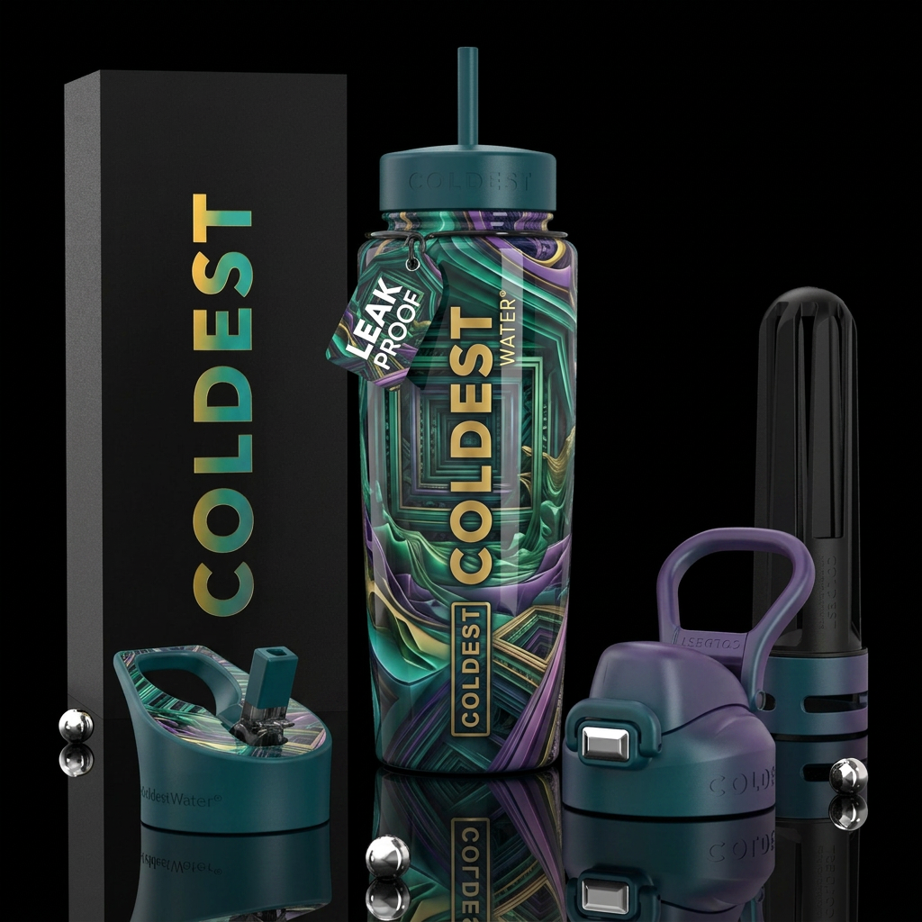 Beautiferous, limitless, glossy, trompe-l'œil water bottle design