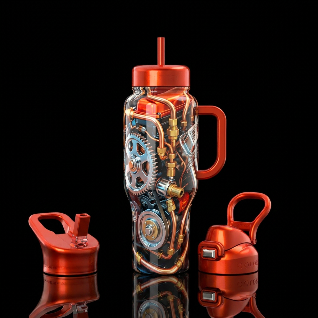 Engine, glossy, trompe-l'œil water bottle design