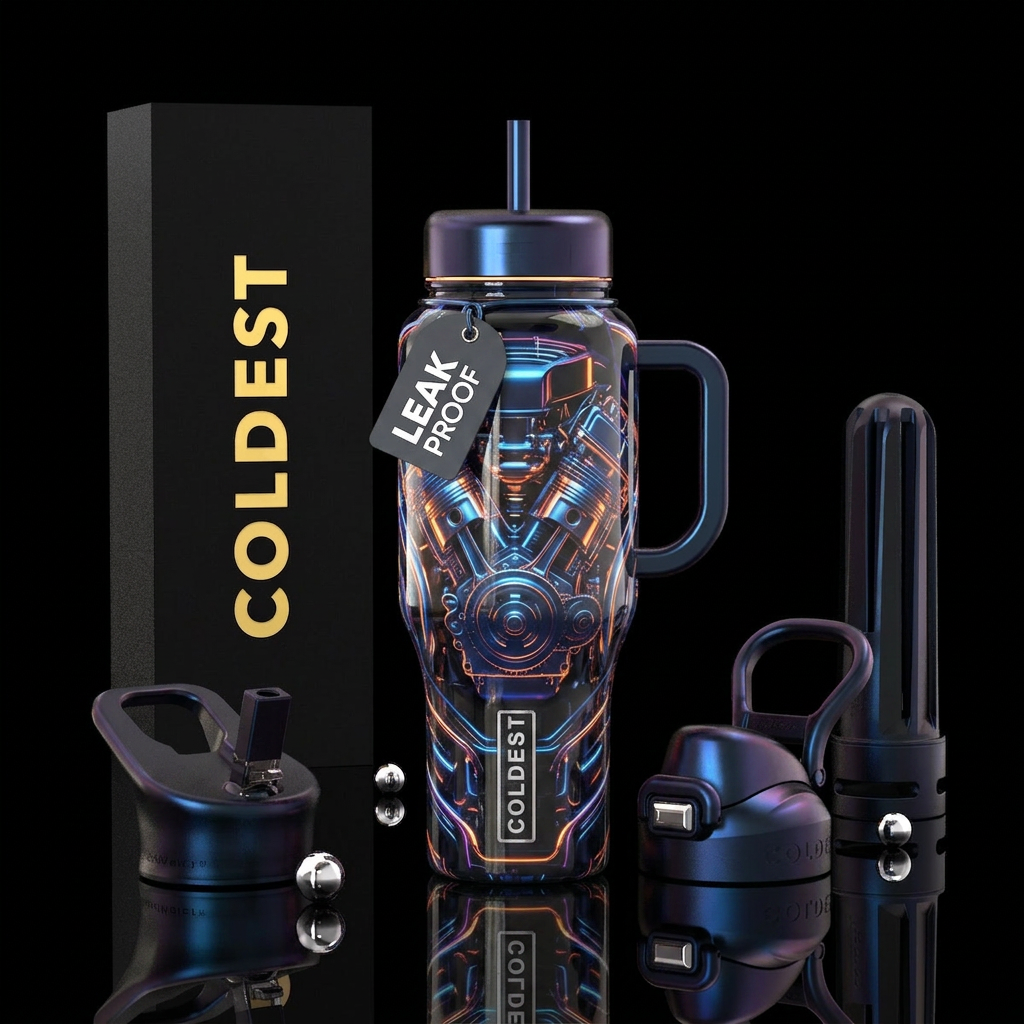 Engine, glossy, trompe-l'œil, glowie water bottle design
