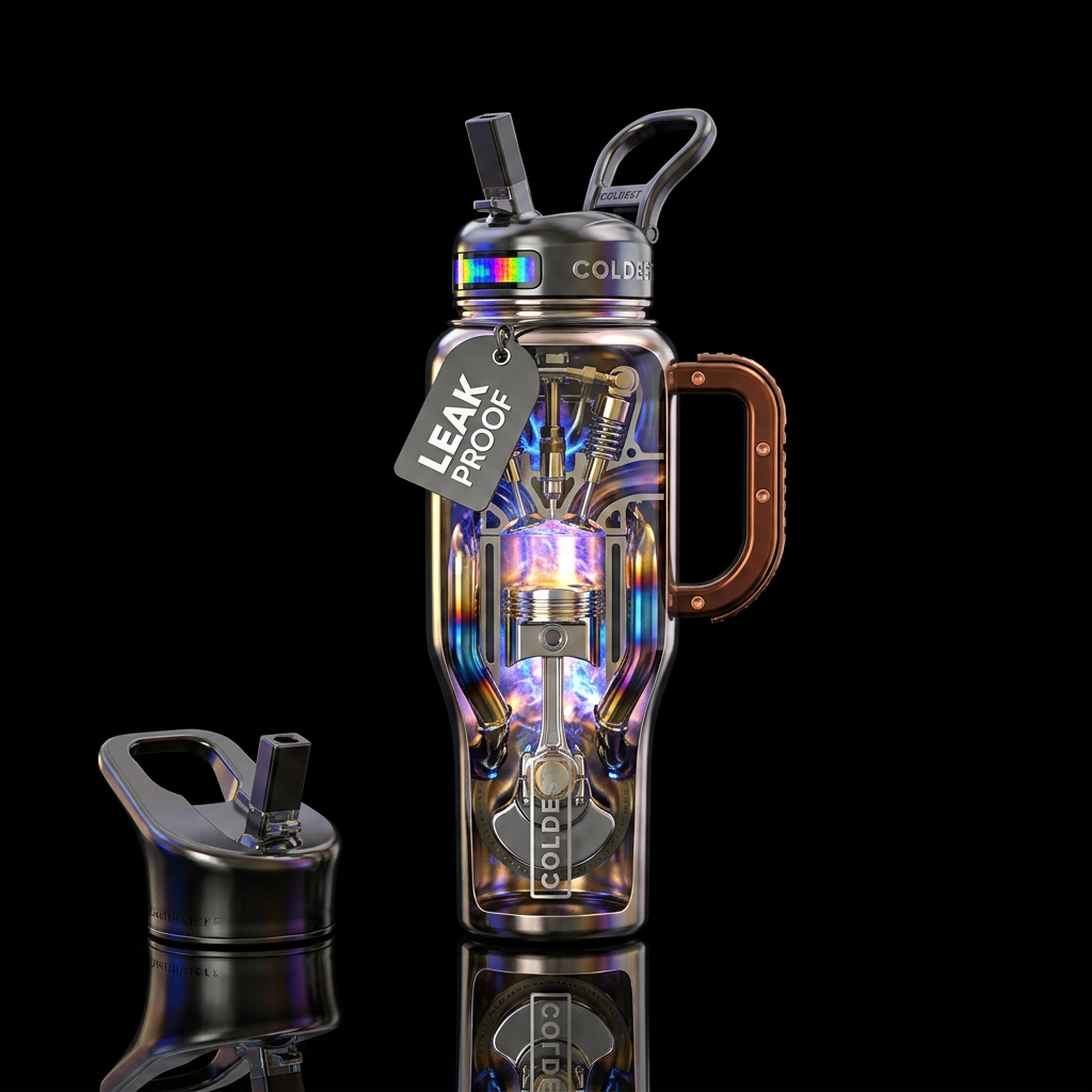 Engine,chrome, glossy, trompe-l'œil, glowie water bottle design