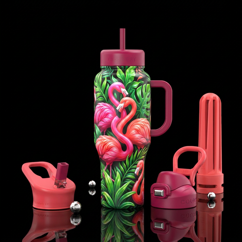 Silky bright flamgons,tropical plants,glossy, trom... water bottle design