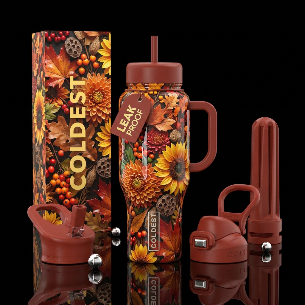 Autumn flowers, beautiferous, glossy, trompe-l'œil water bottle design