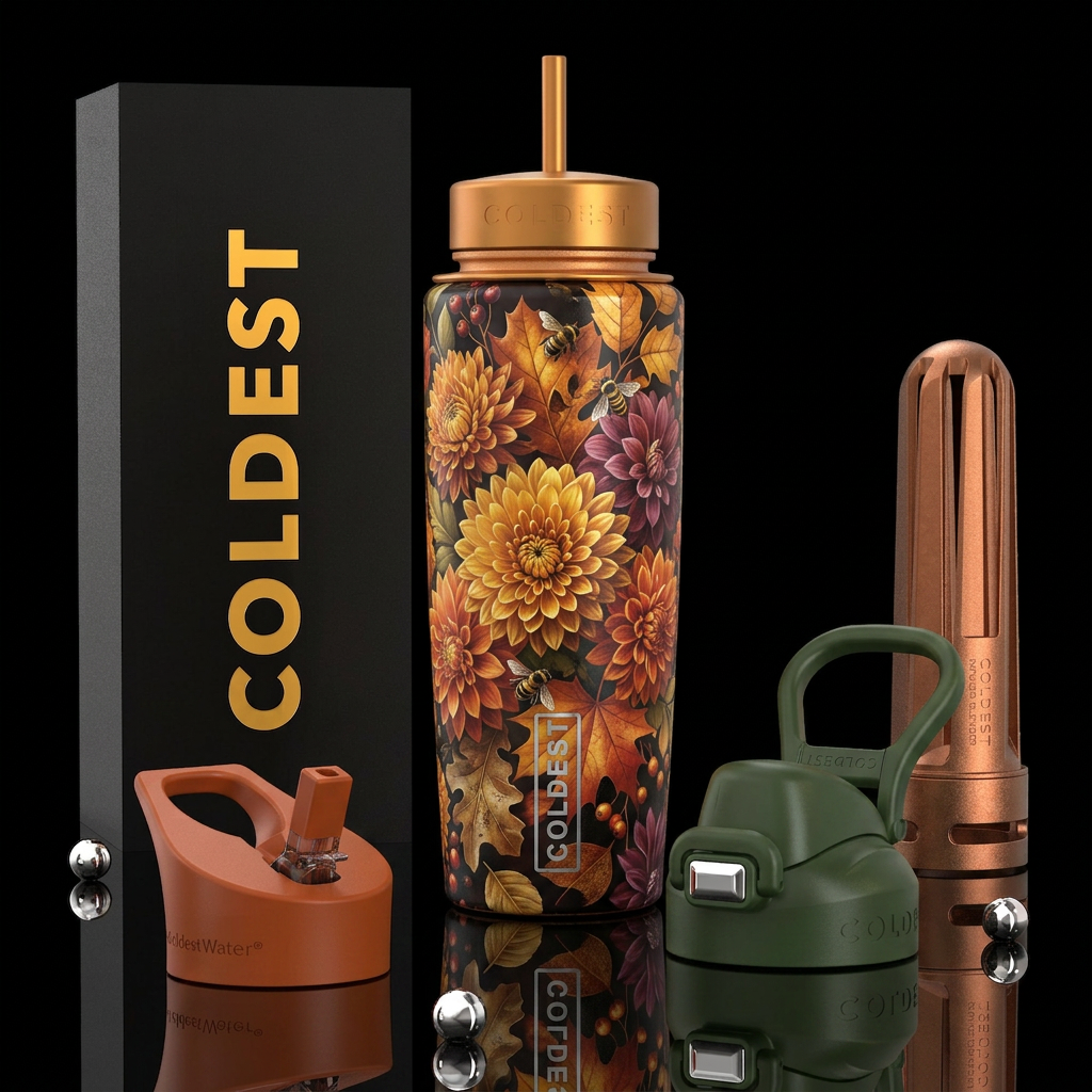 Autumn flowers, beautiferous, glossy, trompe-l'œil water bottle design