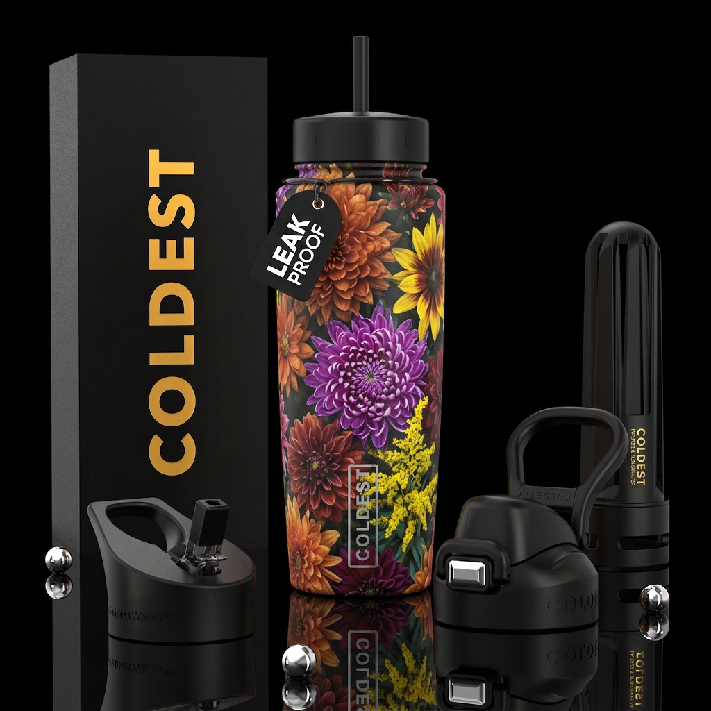 Autumn flowers, beautiferous, glossy, trompe-l'œil water bottle design