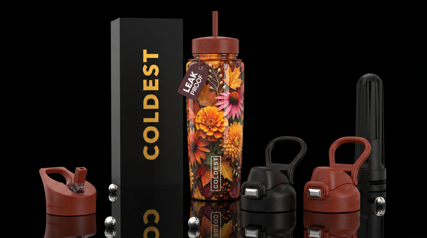 Autumn flowers, beautiferous, glossy, trompe-l'œil water bottle design