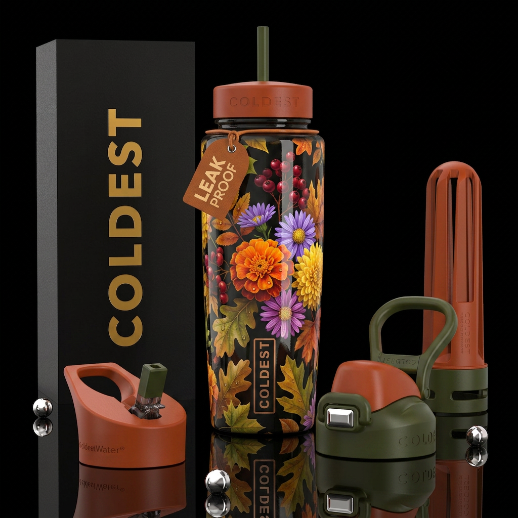 Autumn flowers, beautiferous, glossy, trompe-l'œil water bottle design