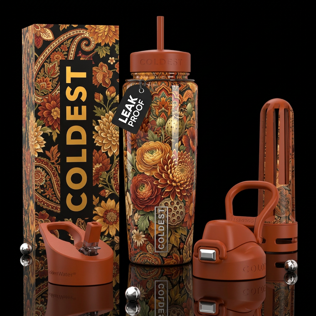Autumn flowers, beautiferous, glossy, trompe-l'œil... water bottle design