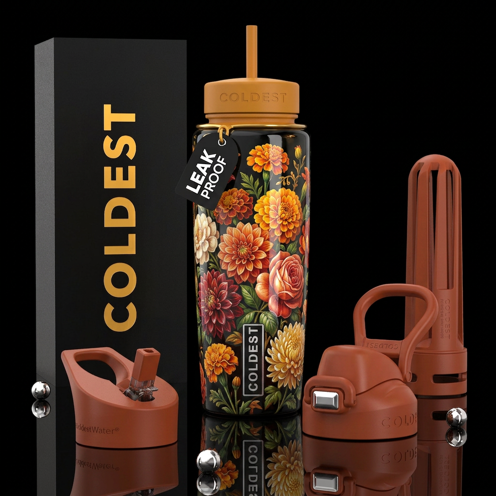 Autumn flowers, beautiferous, glossy, trompe-l'œil... water bottle design