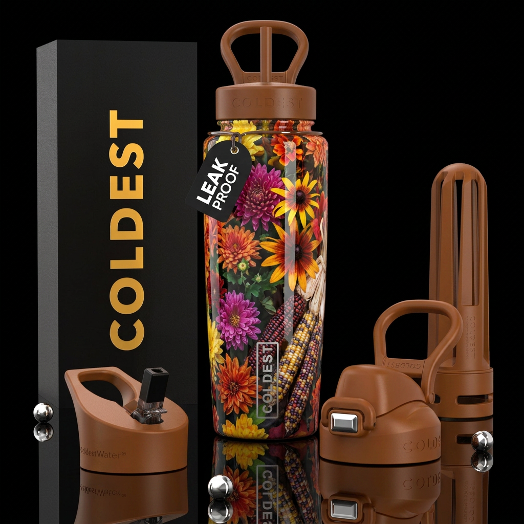 Autumn flowers, beautiferous, glossy, trompe-l'œil... water bottle design