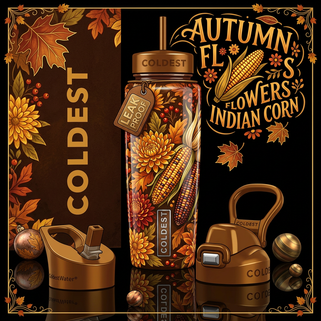 Autumn flowers, beautiferous, glossy, trompe-l'œil... water bottle design