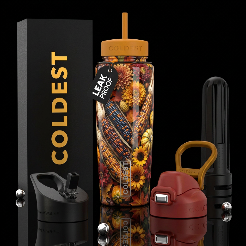 Autumn flowers, beautiferous, glossy, trompe-l'œil... water bottle design