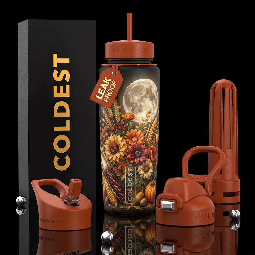 Autumn flowers, beautiferous, glossy, trompe-l'œil... water bottle design