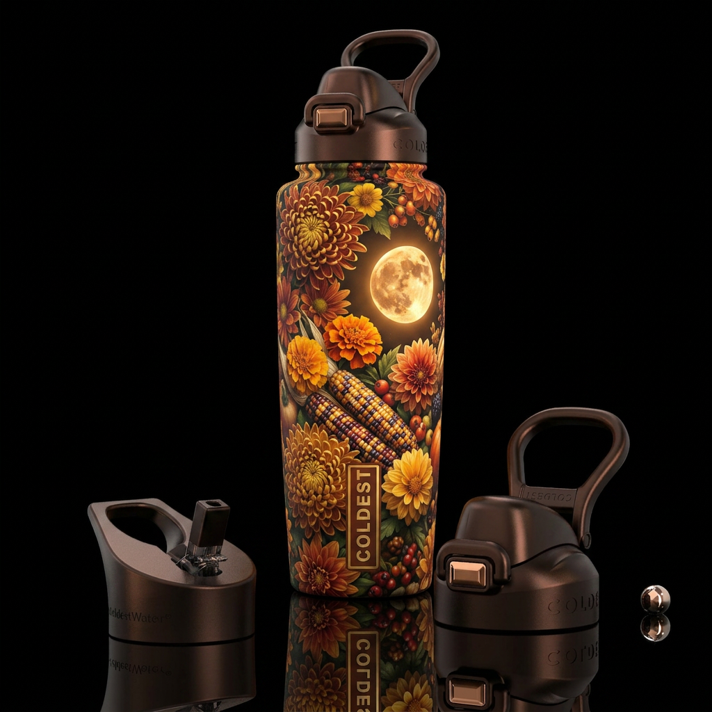 Autumn flowers, beautiferous, glossy, trompe-l'œil... water bottle design